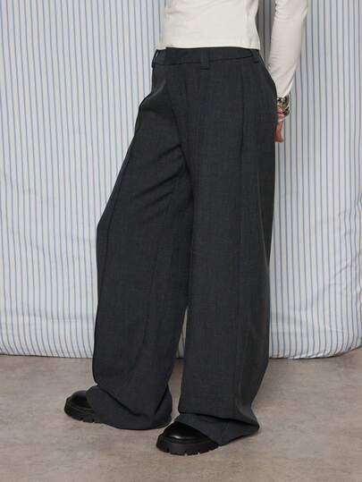 COUREZ 阔腿修身西裤，前片饰有褶裥，Y2K 春季女装，性感时尚低腰裤，适合外出、生日、商务、约会、情人节等场合。