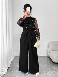 Elenzga جمبسوت فضفاضة مستقيمة بياقة عالية وأكمام طويلة من الراجلان مع تطريز لؤلؤي ورقعات من الشبك، مقاسات كبيرة - الأسود - مشاهدة 5