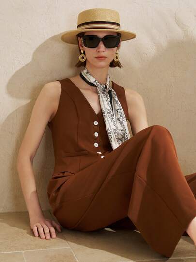 Airaco Women's Elegant Modern Solid Color V-Neck Single-Breasted Vest And High-Waisted Wide-Leg Suit Pants Two Pieces Set, Elegant Commuter Suit, Business Casual Suit, Vest Suit