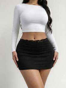 SHEIN SXY Quần váy liền thân ren chắp vá thời trang màu trơn gợi cảm cho nữ - màu đen - Xem 3