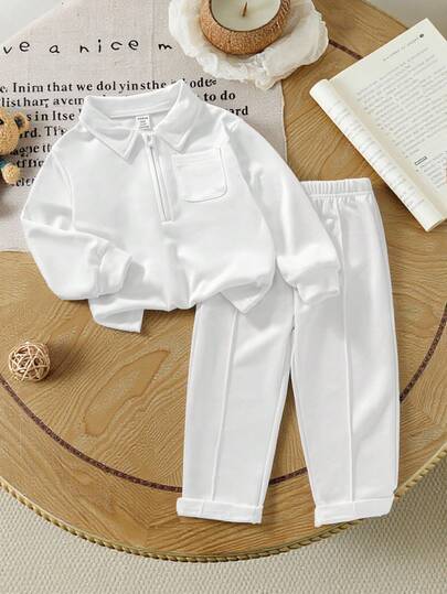 SHEIN Baby Boy/Girl Casual Outfit, Warm & Comfortable For Cooler Seasons. Featuring A Solid Color Half-Zip Collared Long Sleeve Top With Pullover Design For Easy Dressing, Paired With Solid Color Waistband-Free Pants. Suitable For Walks, Leisure, Light Activities, And Family Gatherings, Allowing Your Little One To Shine With Innocence And Vitality.
