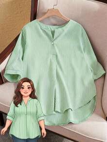 Rusticease Plus Size Casual/Work Striped Shirt, Spring/Summer - Green - View 1