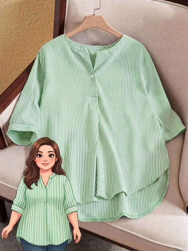 Plus Size Casual/Work Striped Shirt, Spring/Summer