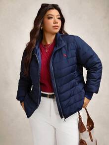 Zelara Plus Size Women's Quilted Zip-Up Down Coat,Winter Casual Hiking Navy Puffer Jacket 50% Plush Two-Way Zipper Water Repellent Printed Warm Outerwear - Navy Blue - View 12