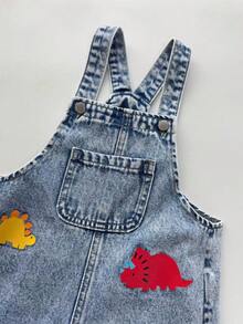 Young Boy New Fashion Casual Boho Basic Colorful Cartoon Dinosaur Print Distressed Denim Bib Overalls Jumpsuit Spring Summer,For Kids Boys Spring/Summer Dailywear Outfits,Boys Streetwear Outfits,Boys Beach Outfit,Vacation Outfits For Boys,Casual Clothes For Boys,Graphic Jumpsuit,Toddler Jumpsuit,4-Year-Old Boys Jumpsuit ,Summer Jumpsuit,Casual Jumpsuit - Light Wash - View 3