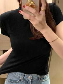 DAZY Áo thun nữ cổ cao ôm sát tay ngắn, thích hợp mặc lót trong mùa hè. - màu đen - Xem 6