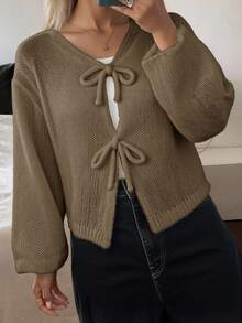 DAZY 女士蝴蝶结V领宽松休闲柔软开衫，新款，秋冬款 - 卡其色 - 查看 3