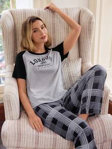 Doze Lane Bộ đồ ngủ nữ 2 món kiểu dáng thường ngày, tay raglan phối màu tương phản, in chữ, kèm quần kẻ caro. - Nhiều màu - Xem 1