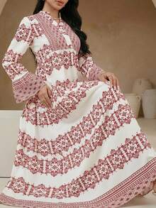 Veilorie Women's Spring/Autumn Modest Vacation Style Floral Print Notched Neck Flare Sleeve Arabic Dress - Multicolor - View 1