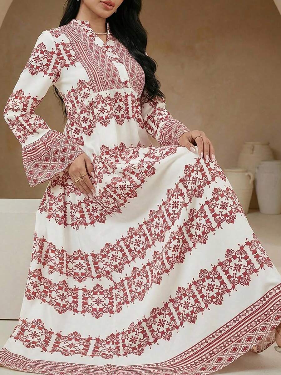 Veilorie Women's Spring/Autumn Modest Vacation Style Floral Print Notched Neck Flare Sleeve Arabic Dress - Multicolor - View 1
