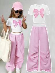 SHEIN ChillGRL Tween Girls 2pcs/Set Short Sleeve Round Neck Casual Bow Print T-Shirt And Striped Wide Leg Pants Set, Summer, Cute, Comfortable, Outfit
