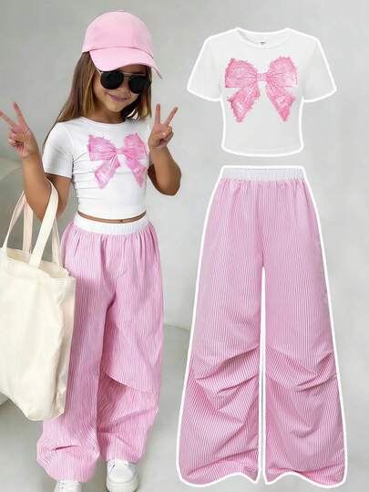 SHEIN ChillGRL Tween Girls 2pcs/Set Short Sleeve Round Neck Casual Bow Print T-Shirt And Striped Wide Leg Pants Set, Summer, Cute, Comfortable, Outfit, Daily