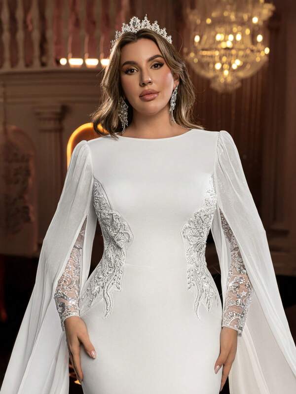 Glamrae Plus Size Elegant Luxurious Sequin Patchwork Knit Fabric Round Neck Long Sleeve Mermaid Hem With Extra Long Sleeves And Trailing Hem Bridal Gown For Wedding Events
