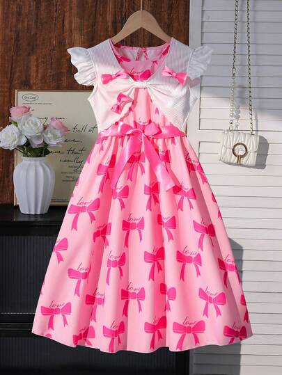 SHEIN 2pcs/Set Tween Girl Elegant Cap Sleeve Beaded Top And Floral Print Dress With Belt, Suitable For Spring/Summer,Holiday,Summer,Travel