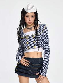 ROMWE Grunge Punk Retro Nautical Navy Blue & White Striped Open Front Short Lightweight Jacket - Blue and White - View 4