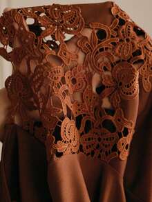 Anewsta Lace Patchwork Long Sleeve Hollow Lace Collar Elegant Slim Fit Women T-Shirt - Redwood - View 8