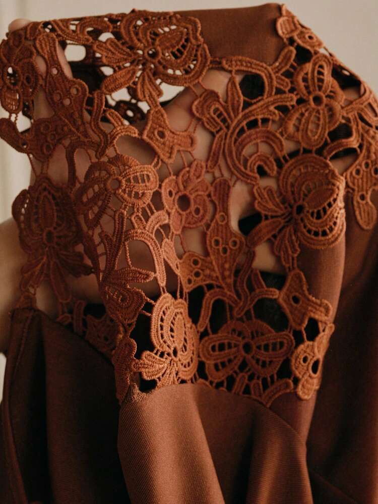 Anewsta Lace Patchwork Long Sleeve Hollow Lace Collar Elegant Slim Fit Women T-Shirt - Redwood - View 8