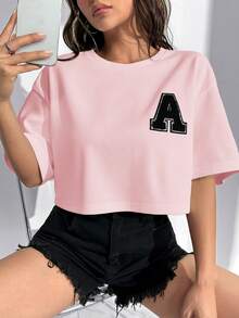 SHEIN EZwear Áo thun nữ mùa xuân/hè mới, cổ tròn, vai rớt, chất liệu dệt kim, in chữ, màu hồng, thích hợp mặc thường ngày, áo thun nữ tay ngắn, áo kiểu nữ mùa hè, áo phông nữ. - Hồng - Xem 5