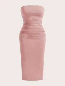 SHEIN EZwear 女士多色褶皱修身针织筒裙 - 粉色 - 查看 8