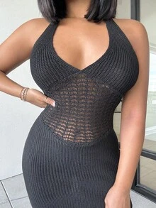 Alexandranx 假日露背無袖針織裙，緊身剪裁，領帶設計 - 黑色 - 查看 4