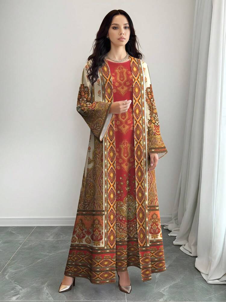 SHEIN Najma Women's Elegant Floral Digital Print Round Neck Maxi Dress & Long Cardigan Two Pieces Set, Casual For Spring/Summer Long Sleeve Dress Printed Dress, Motif Dresses For Women, Turkish Dress - Multicolor - View 4