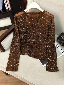 GlowEve CURVE 大码女式时尚派对长袖拼接透视金属箔上衣 - 咖啡棕 - 查看 1