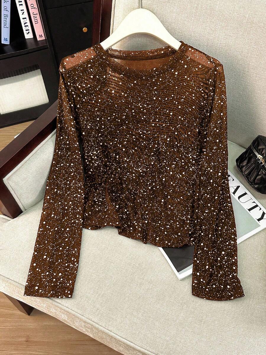 GlowEve CURVE 大码女式时尚派对长袖拼接透视金属箔上衣 - 咖啡棕 - 查看 1