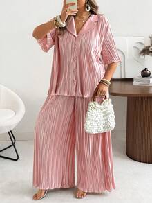 Ceyna 大码针织翻领短袖褶皱腰直筒裤两件套 - 粉色 - 查看 4