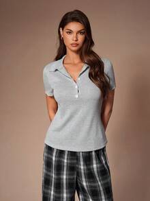SHEIN 2pcs Thin T-Shirt Top & Plaid Pants Casual Loungewear Set, Slim Fit & Relaxed - Light Grey - View 3