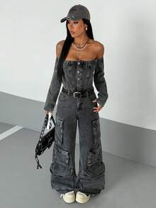 Jeanoix Women's Off-Shoulder Long Sleeve Single-Breasted Multi-Pocket Wide-Leg Denim Jumpsuit - Black - View 4