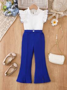Young Girl Ruffle Collar Cap Sleeve Blouse And Flare Pants Elegant 2 Pieces Set Blue Flared Pants Kids - Multicolor - View 7