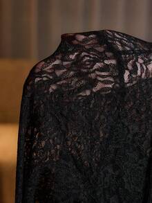 Modelyn Plus Size Women's Fashion Hollow-Out Long Sleeve Lace Round Neck Maxi Flare Hem Elegant Party Dress - Black - View 9