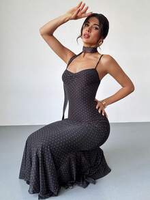 Firerie 女士新款复古黑色波点修身鱼尾连衣裙，时尚春夏连衣裙，性感优雅波点连衣裙，鱼尾裙，胸部褶皱设计，荷叶边吊带连衣裙，婚礼派对连衣裙，约会连衣裙，适合通勤，优雅，性感，度假，海滩，波西米亚风，夏威夷风，音乐节，派对，工作场合 - 黑色 - 查看 13