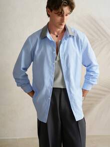 Airaco Men's Contrast Color Striped Long Sleeve Shirt - Blue - View 4