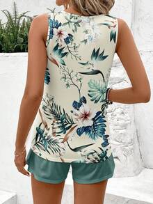 EMERY ROSE Plus Size Women Tropical Leaf Print Round Neck Tank Top And Shorts 2 Pieces Set, Casual Summer Vacation,Flower - Multicolor - View 2