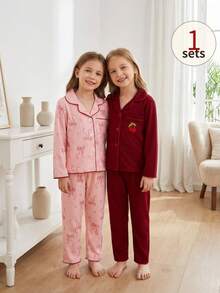 2 pezzi Set pigiama da ragazza con pantaloni larghi e top a maniche lunghe, con ricamo di ciliegie, casual e carino - Rosa - Visualizzare 4