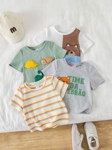 SHEIN 4件套男女宝宝可爱动物印花短袖针织T恤套装，春夏宝宝服装 - 彩色 - 查看 5