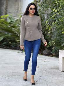 Durrani Popal 高腰纽扣缀饰紧身弹力破洞Y2K牛仔裤保暖内衬口袋紧身牛仔裤秋冬季加厚牛仔 - 藍色 - 查看 4