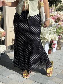 GalTyme 大码波点长款休闲半身裙，夏季百搭 - 黑色 - 查看 7