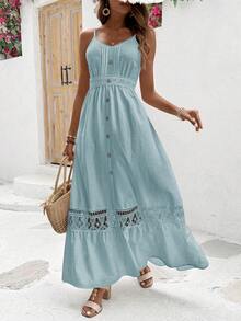 Breezaya Rochie maxi pentru femei, cu imprimeu de dantelă, model patchwork, cu bretele spaghete, model floral, ținută de plajă și vacanță - Albastru - Vizualizare 6