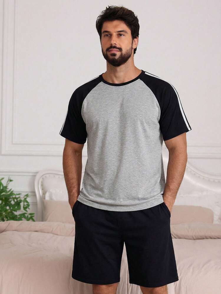 Men's Summer Patchwork Contrast Color Raglan Sleeve Short Sleeve & Shorts Pajama Set