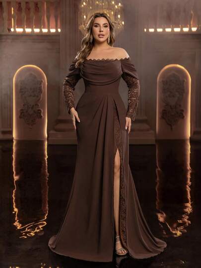 Glamrae Plus Size Elegant Romantic Coffee Brown Lace Patchwork Chiffon Off-Shoulder Flare Sleeve Pleated Irregular Hem Mermaid Maxi Dress With Train, Suitable For Evening Party, Valentine's Day, Wedding, Formal Occasion