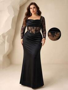 Coutiva 大码女士撞色蕾丝荷叶边鱼尾下摆优雅正式晚礼服，大码黑色正式晚礼服，大码正式晚礼服，黑色蕾丝长袖连衣裙，情人节 - 黑色 - 查看 1
