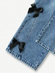 SHEIN Quần jeans ống rộng rách rưới thêu họa tiết thời trang dành cho nữ tuổi teen, chất liệu denim mài kiểu cổ điển, màu xanh lam trung bình, phù hợp cho mùa xuân, hè, thu và đông. - Rửa nhẹ - Xem 3