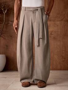 AKNOTIC 男士休闲宽松弹力腰直筒裤，卡其色纯色，适合夏季、度假、日常搭配、派对、情侣装、男士礼物。男士系带裤，男士阔腿褶裥裤，男士阔腿裤，褶裥裤，男士褶裥西装裤，男士褶裥裤，男士西装裤 - 卡其色 - 查看 4