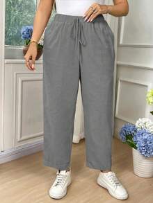 EMERY ROSE Plus Size Women Cotton Solid Color Drawstring Waist Pockets Loose Pants Fall - Light Grey - View 7