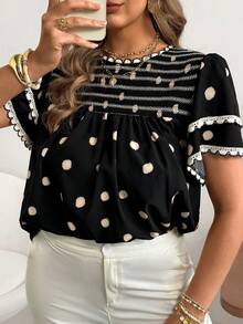 Ceyna 大码波点编织花卉饰边衬衫，春夏款 - 黑色 - 查看 7