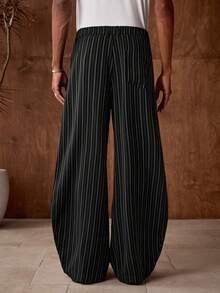 AKNOTIC 男士休闲通勤条纹锥形西装裤 - 黑色 - 查看 5