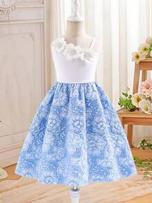 SHEIN 女童白色3D立体花朵与天蓝色印花连衣裙，优雅、时尚、可爱、舒适、简约，适合派对、郊游、度假、休闲娱乐等场合。 - 彩色 - 查看 9