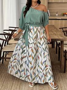 Weeklong Plus Size Women Floral Print Twist Waist Asymmetrical Shoulder Dress - Multicolor - View 3